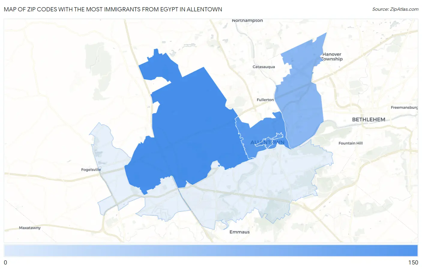 Zip Codes with the Most Immigrants from Egypt in Allentown Map