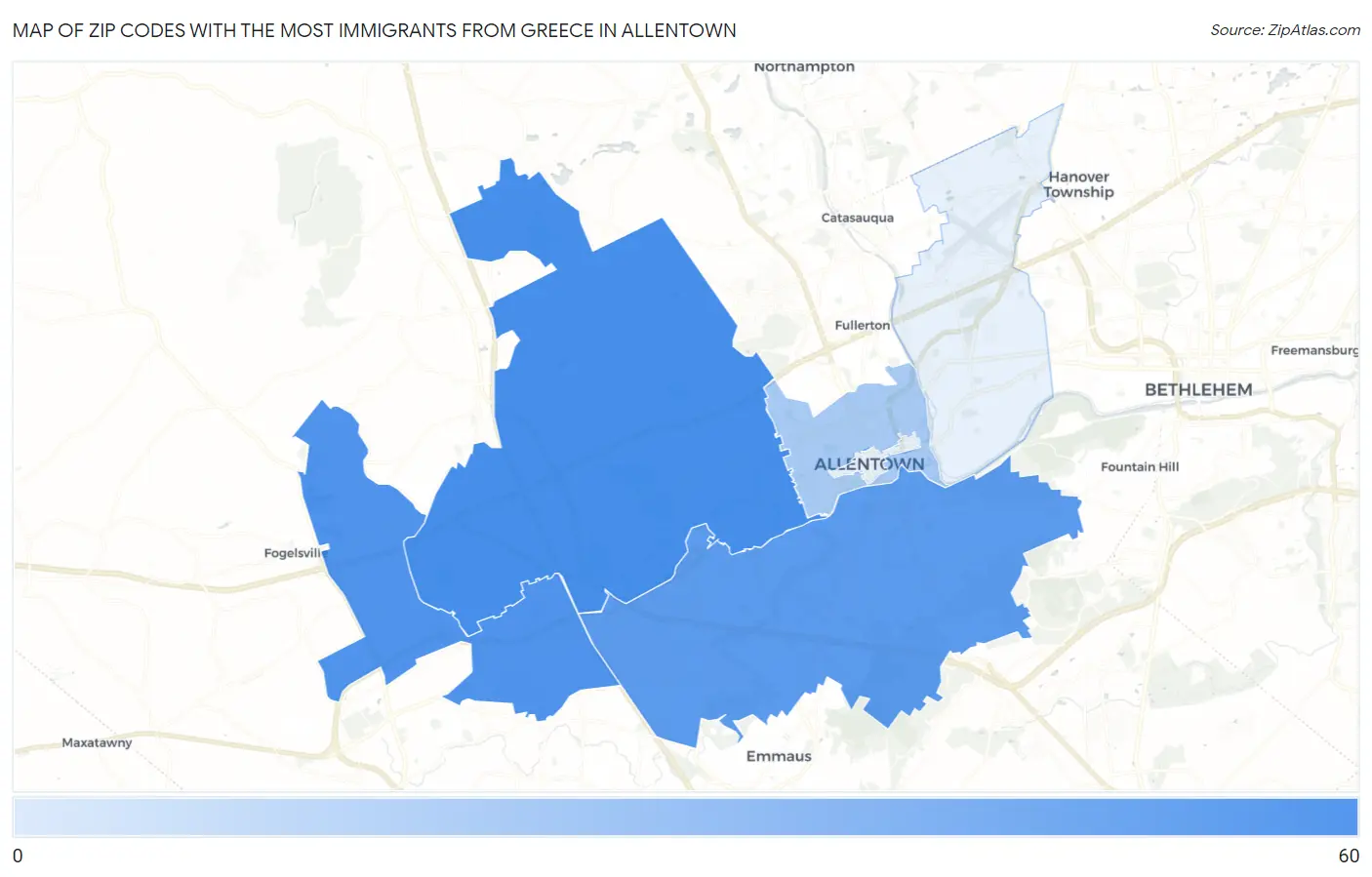 Zip Codes with the Most Immigrants from Greece in Allentown Map