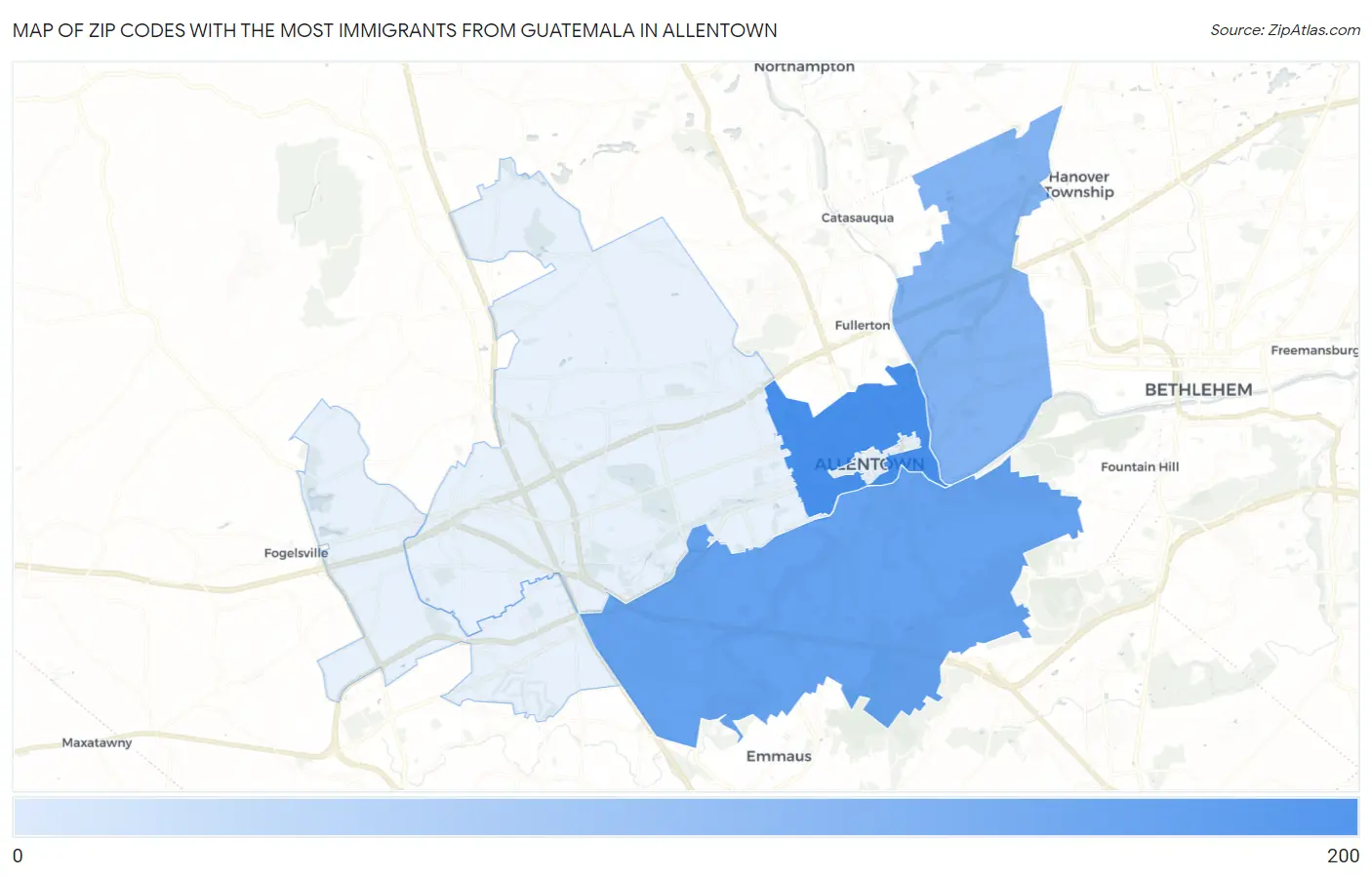 Zip Codes with the Most Immigrants from Guatemala in Allentown Map