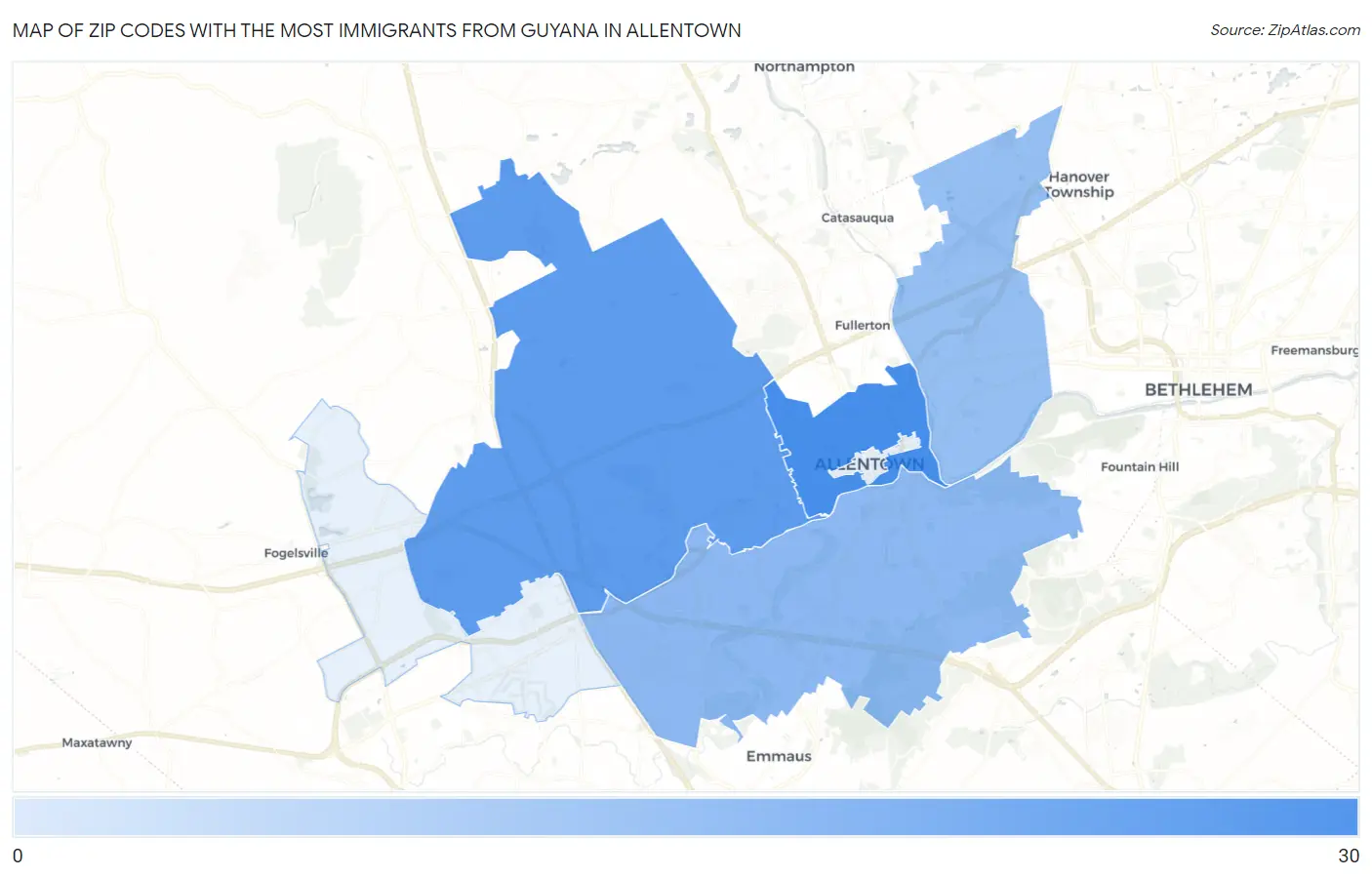 Zip Codes with the Most Immigrants from Guyana in Allentown Map