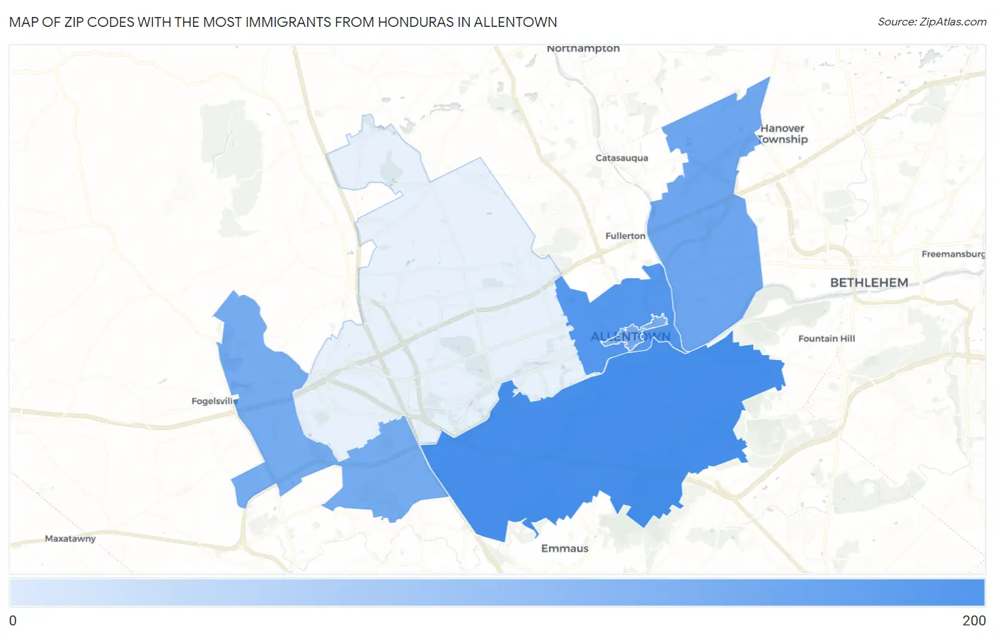 Zip Codes with the Most Immigrants from Honduras in Allentown Map