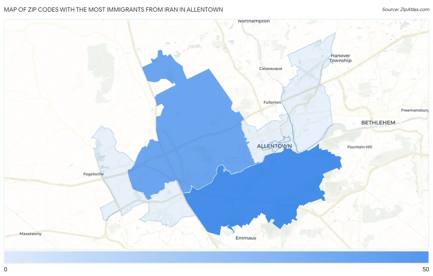 Zip Codes with the Most Immigrants from Iran in Allentown Map