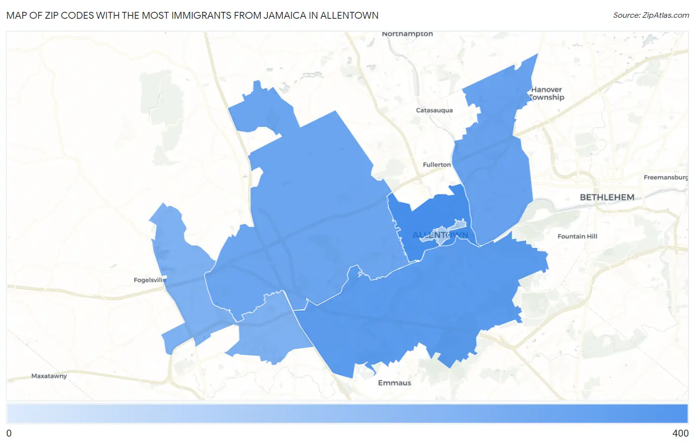 Zip Codes with the Most Immigrants from Jamaica in Allentown Map