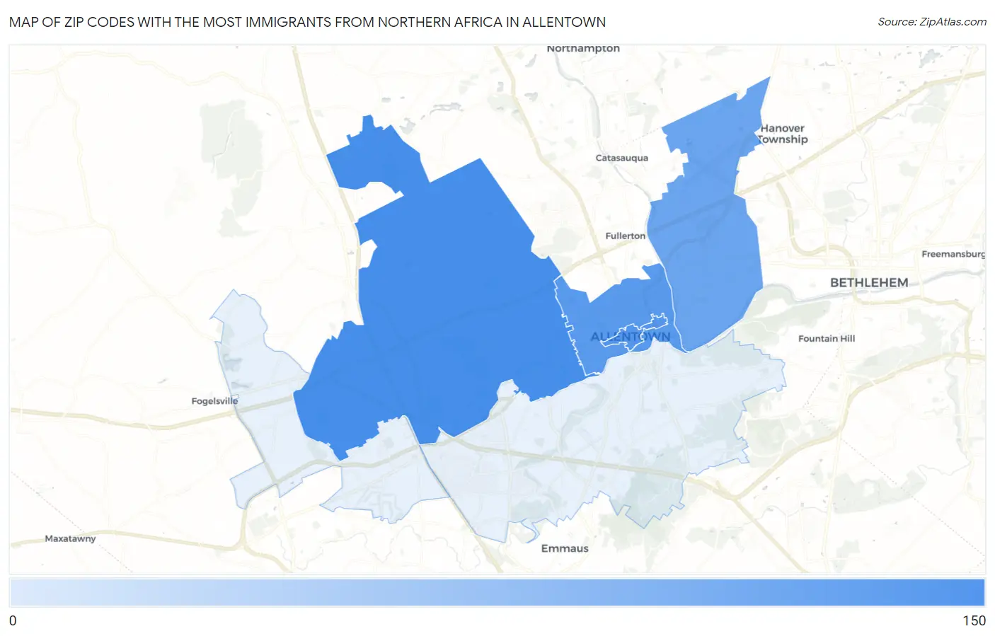Zip Codes with the Most Immigrants from Northern Africa in Allentown Map
