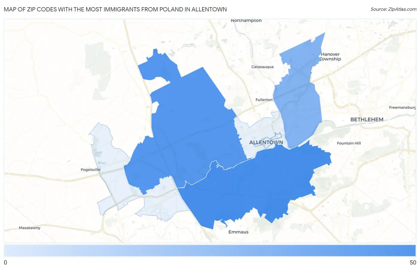 Zip Codes with the Most Immigrants from Poland in Allentown Map