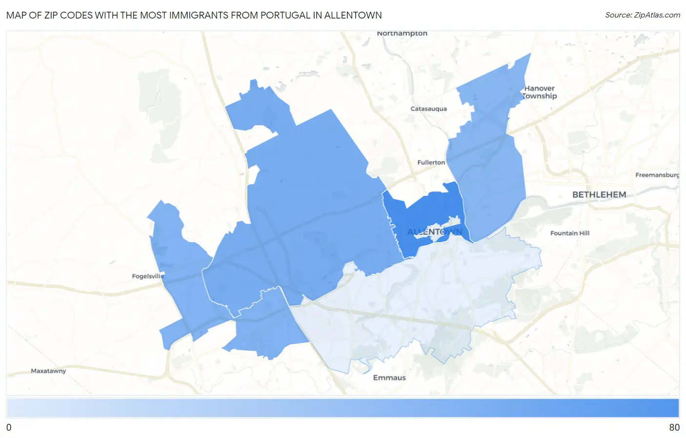 Zip Codes with the Most Immigrants from Portugal in Allentown Map