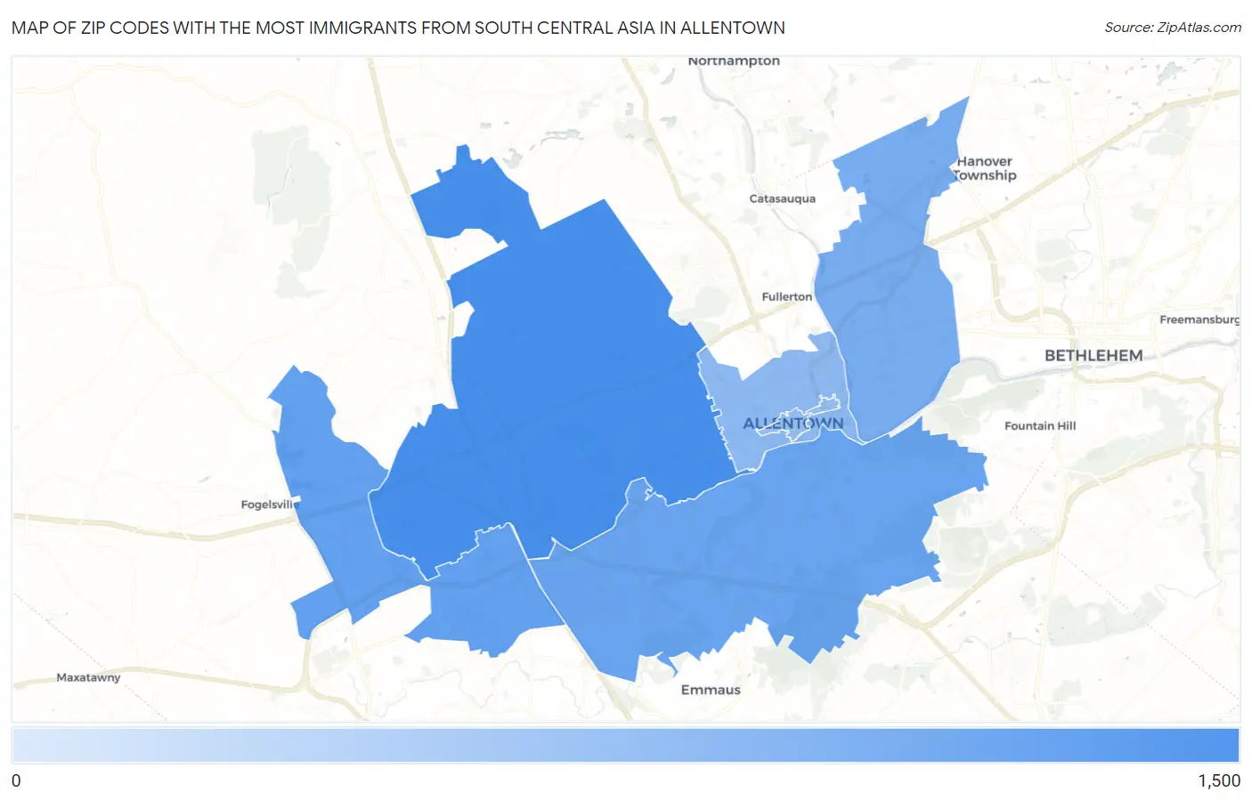Zip Codes with the Most Immigrants from South Central Asia in Allentown Map