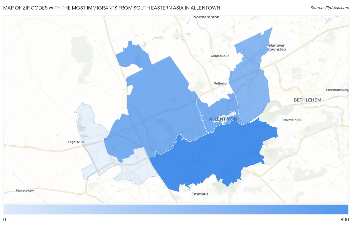 Zip Codes with the Most Immigrants from South Eastern Asia in Allentown Map