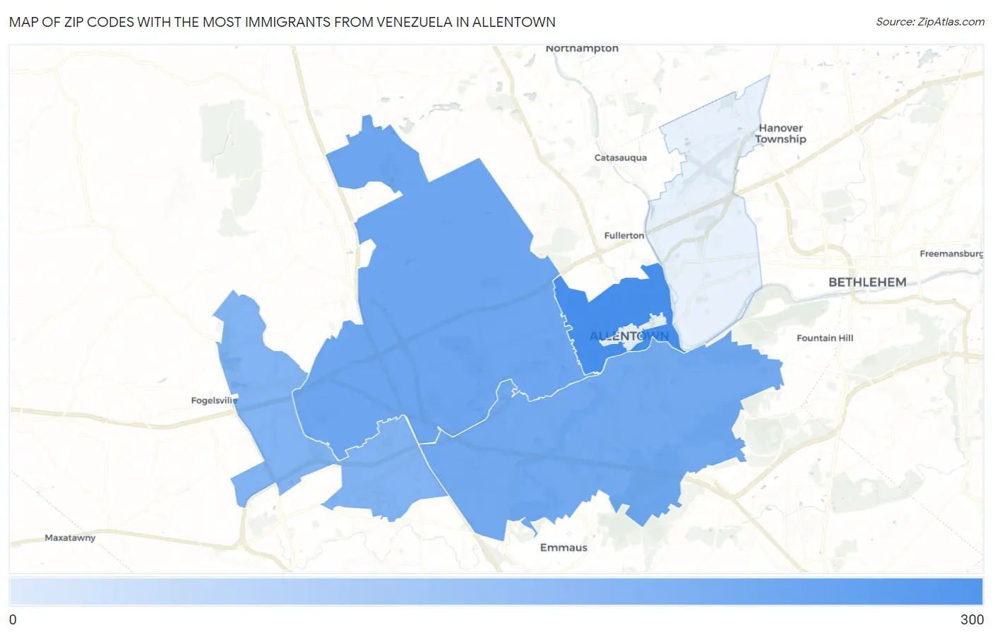 Zip Codes with the Most Immigrants from Venezuela in Allentown Map