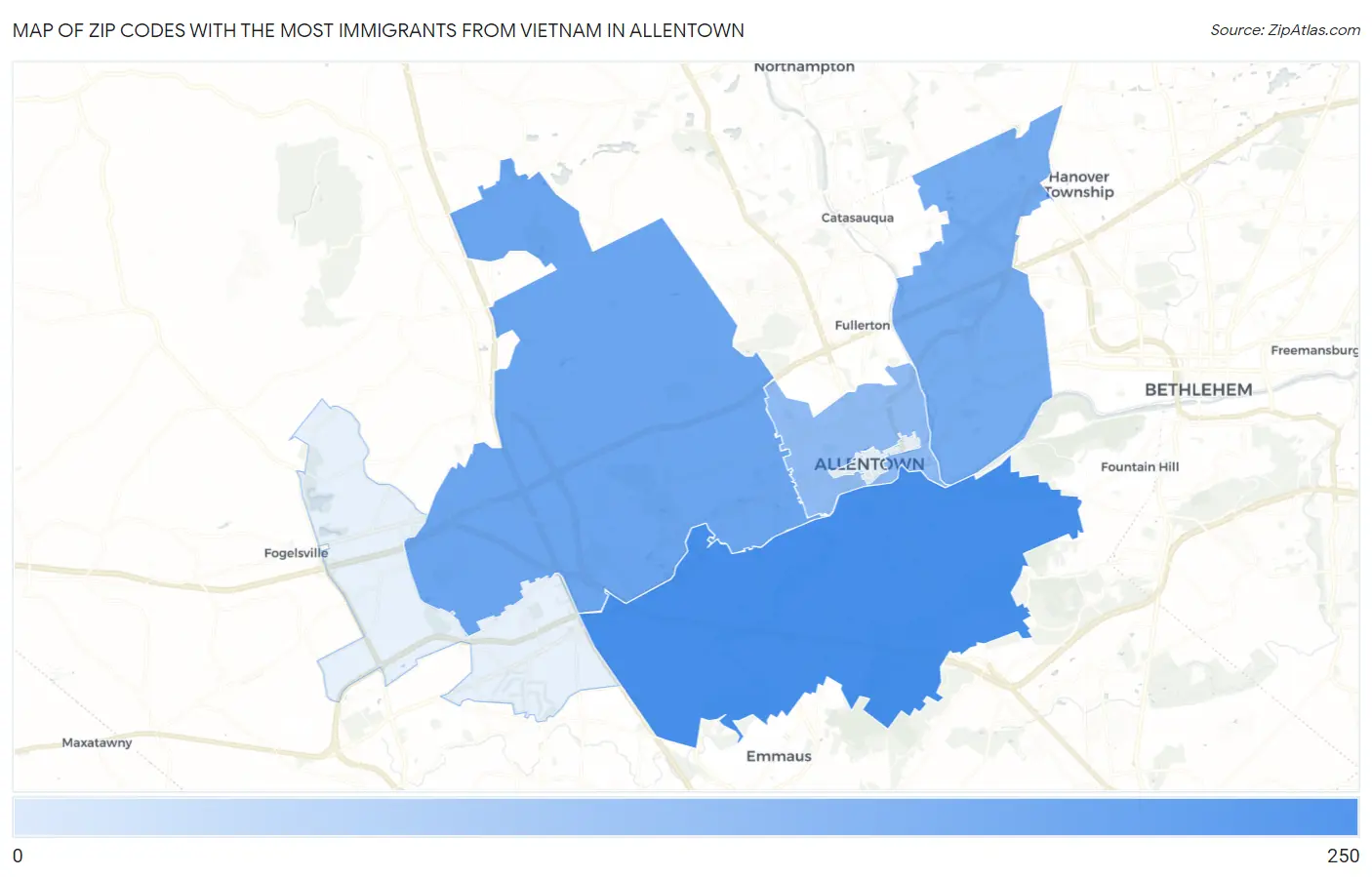 Zip Codes with the Most Immigrants from Vietnam in Allentown Map