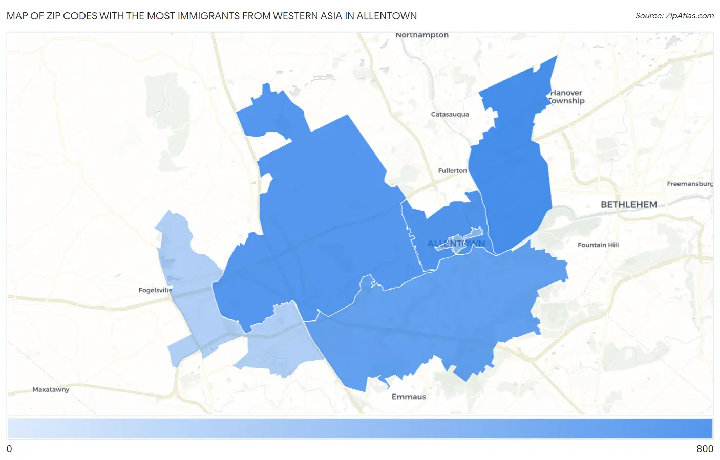 Zip Codes with the Most Immigrants from Western Asia in Allentown Map