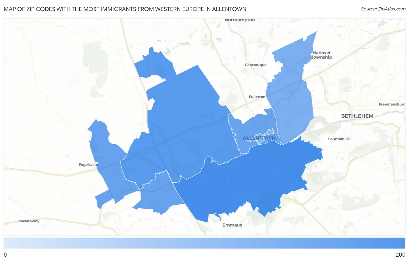 Zip Codes with the Most Immigrants from Western Europe in Allentown Map