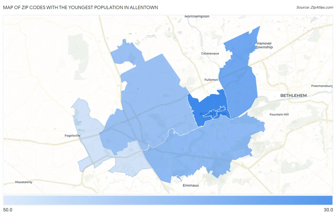 Zip Codes with the Youngest Population in Allentown Map