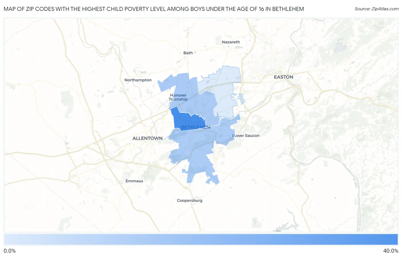 Zip Codes with the Highest Child Poverty Level Among Boys Under the Age of 16 in Bethlehem Map