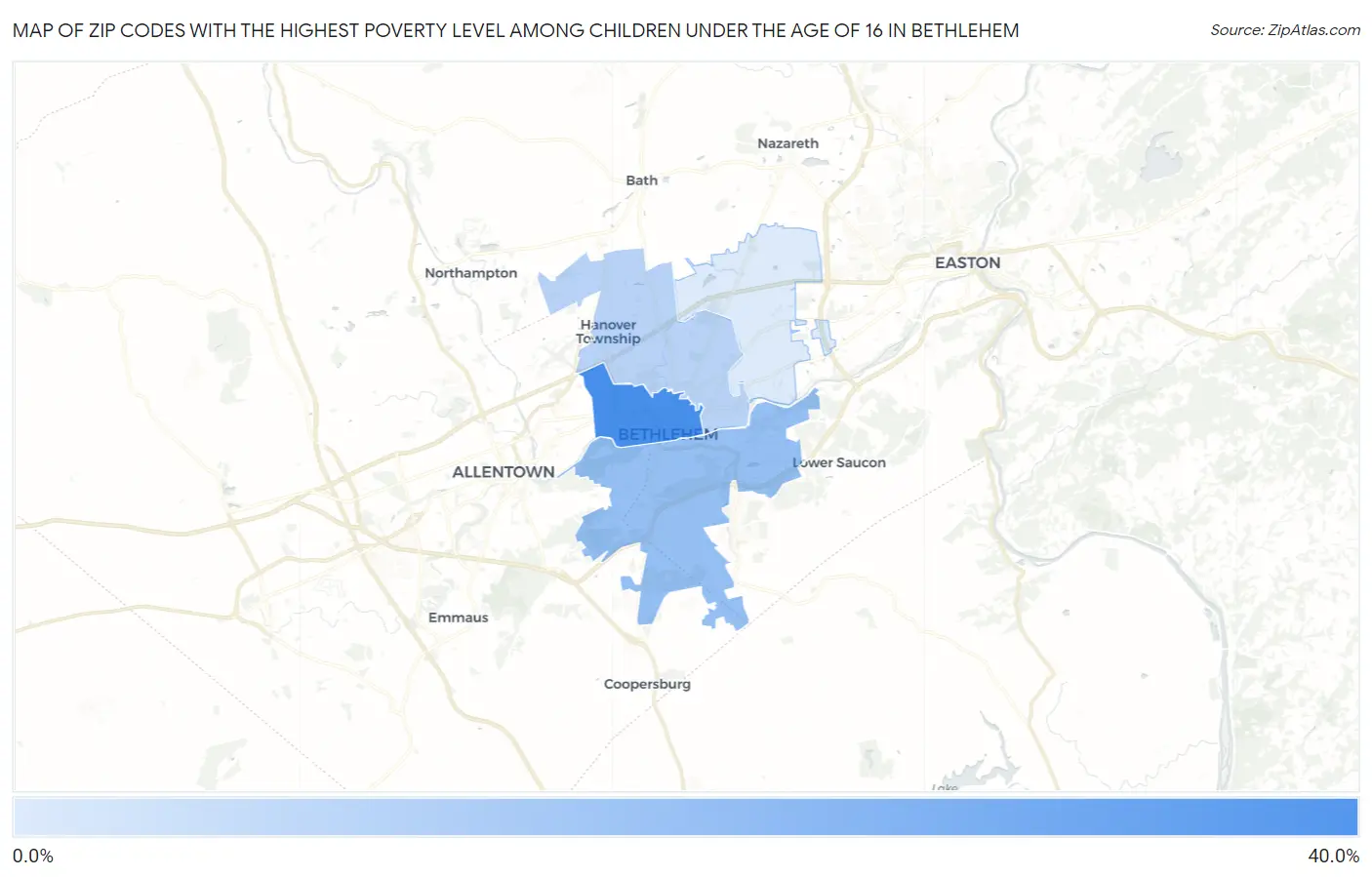 Zip Codes with the Highest Poverty Level Among Children Under the Age of 16 in Bethlehem Map