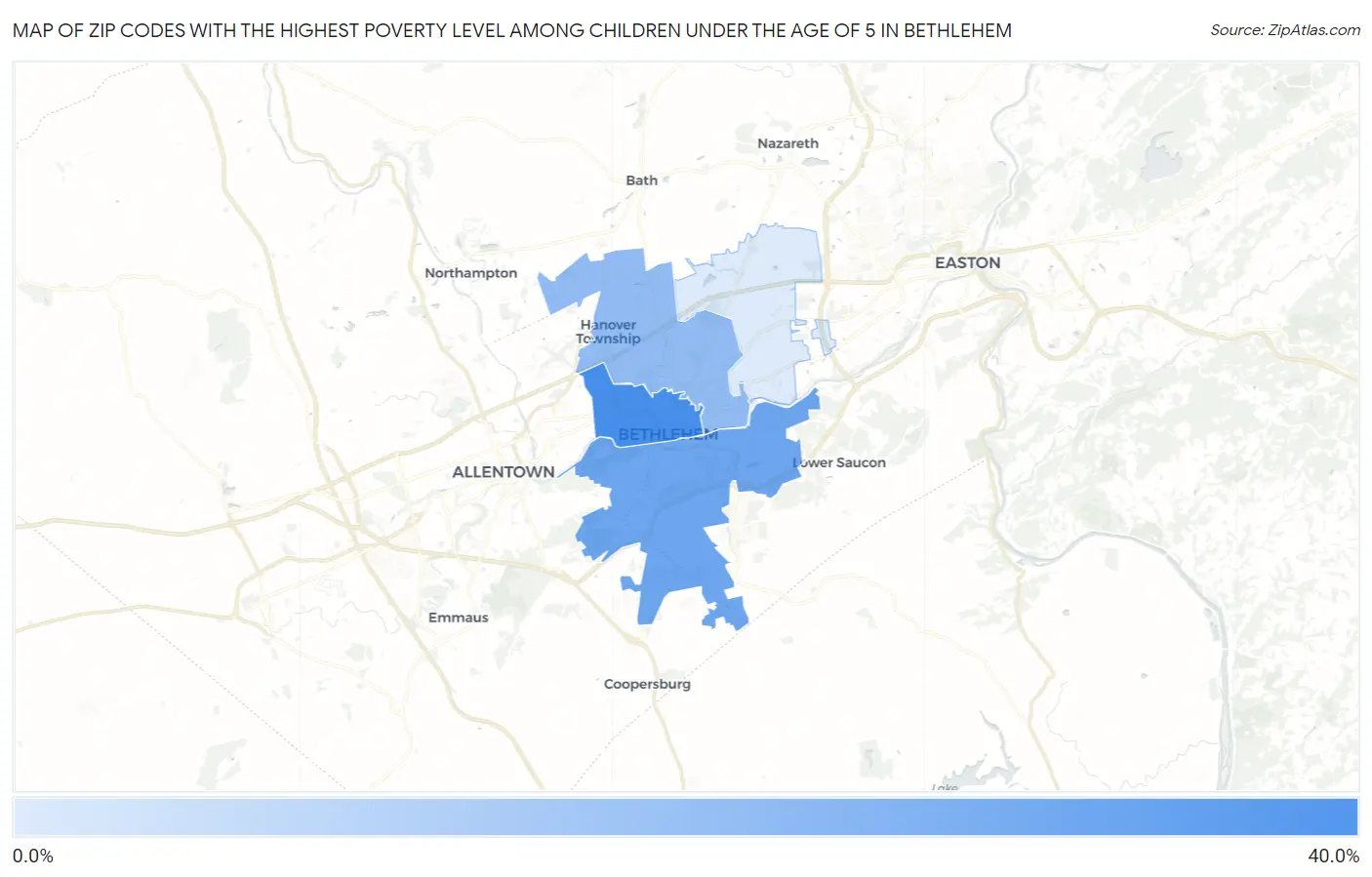 Zip Codes with the Highest Poverty Level Among Children Under the Age of 5 in Bethlehem Map