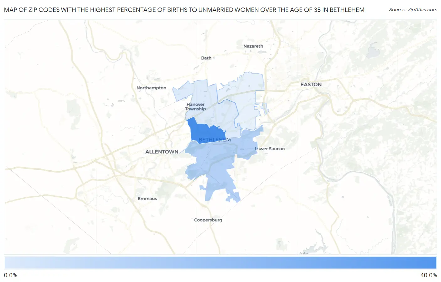 Zip Codes with the Highest Percentage of Births to Unmarried Women over the Age of 35 in Bethlehem Map