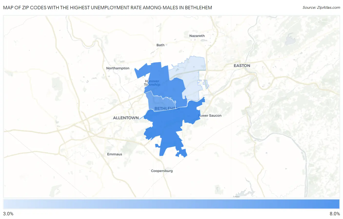 Zip Codes with the Highest Unemployment Rate Among Males in Bethlehem Map