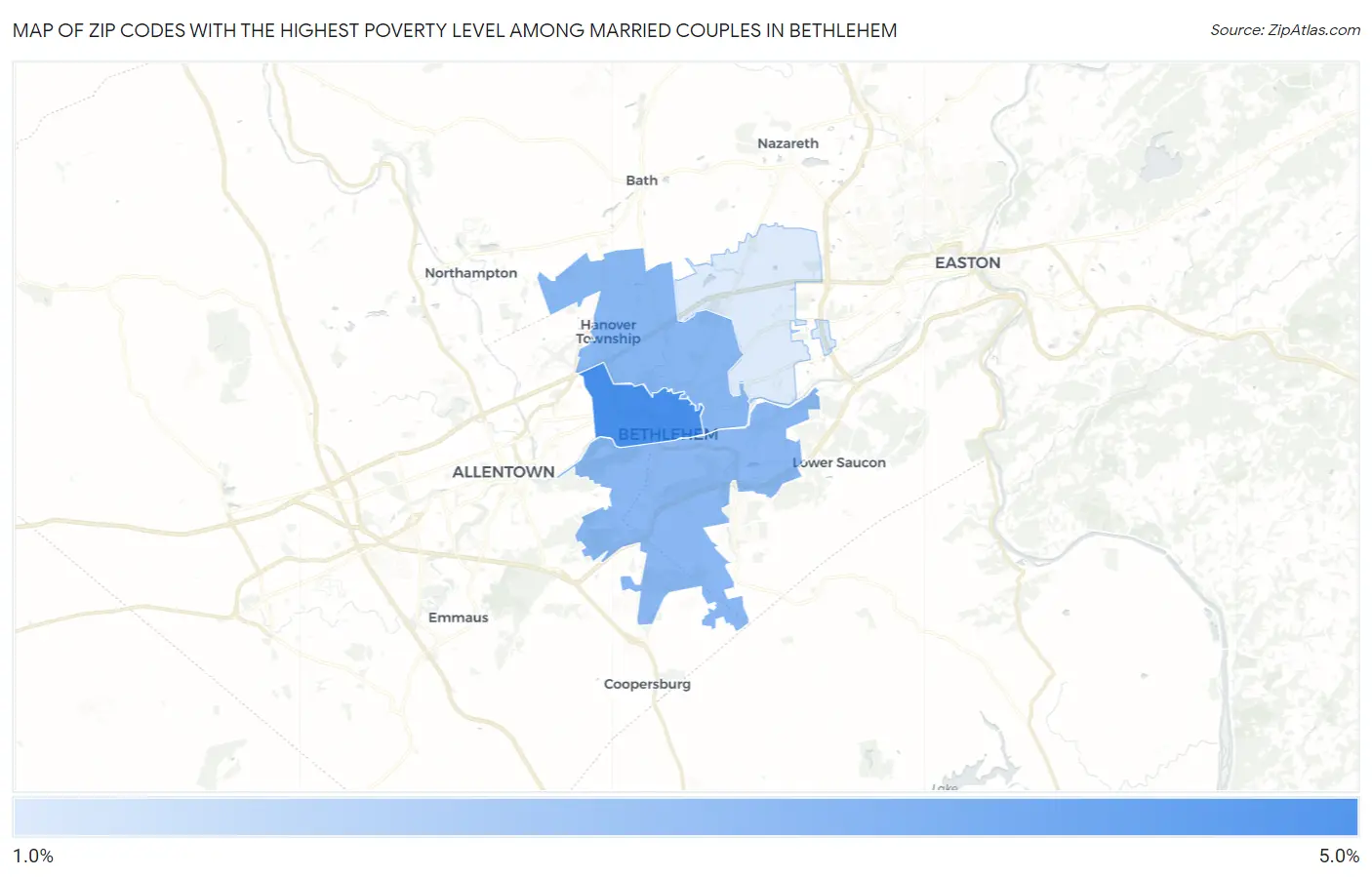 Zip Codes with the Highest Poverty Level Among Married Couples in Bethlehem Map