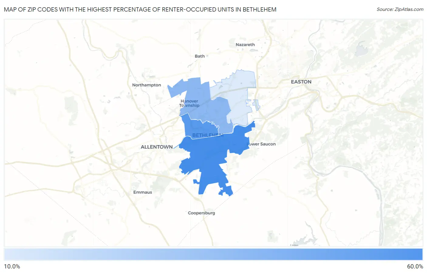 Zip Codes with the Highest Percentage of Renter-Occupied Units in Bethlehem Map