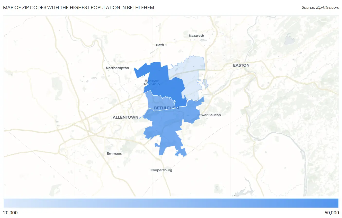 Zip Codes with the Highest Population in Bethlehem Map