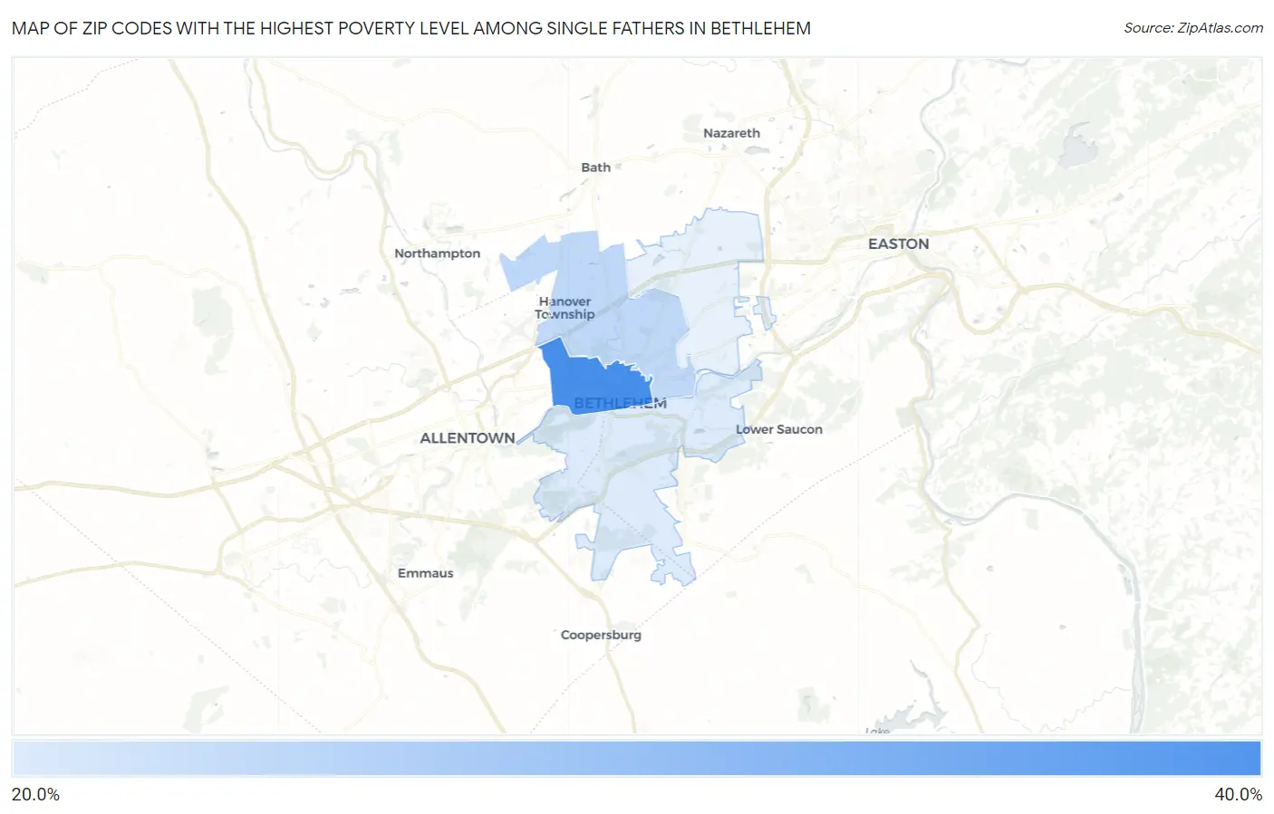 Zip Codes with the Highest Poverty Level Among Single Fathers in Bethlehem Map