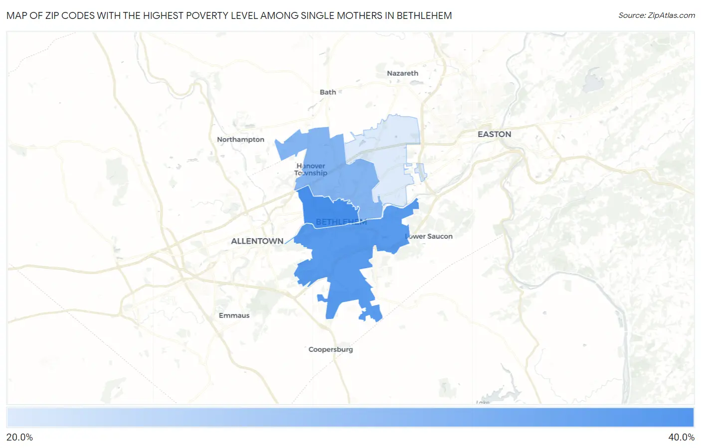 Zip Codes with the Highest Poverty Level Among Single Mothers in Bethlehem Map