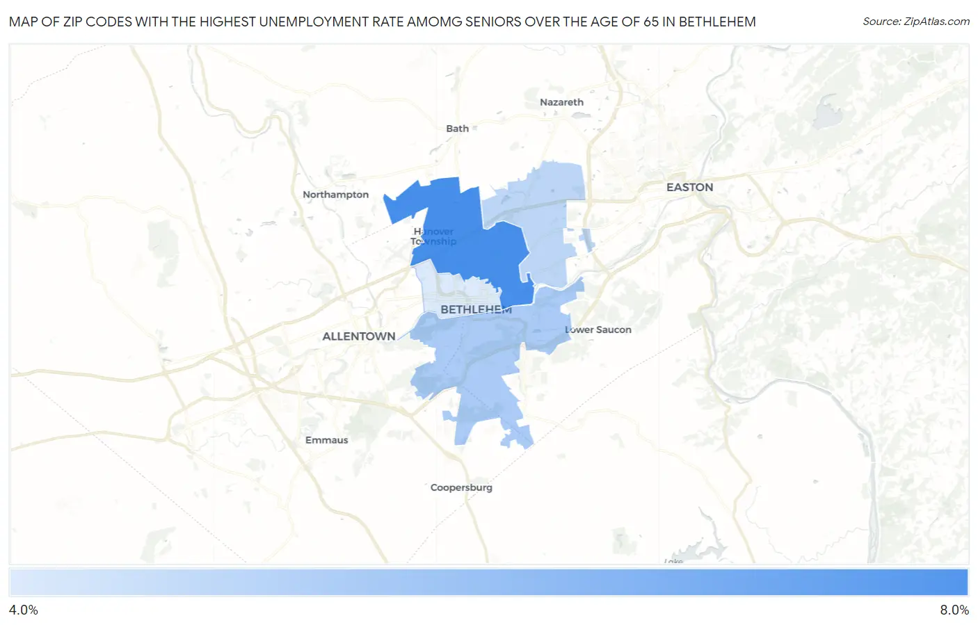 Zip Codes with the Highest Unemployment Rate Amomg Seniors Over the Age of 65 in Bethlehem Map