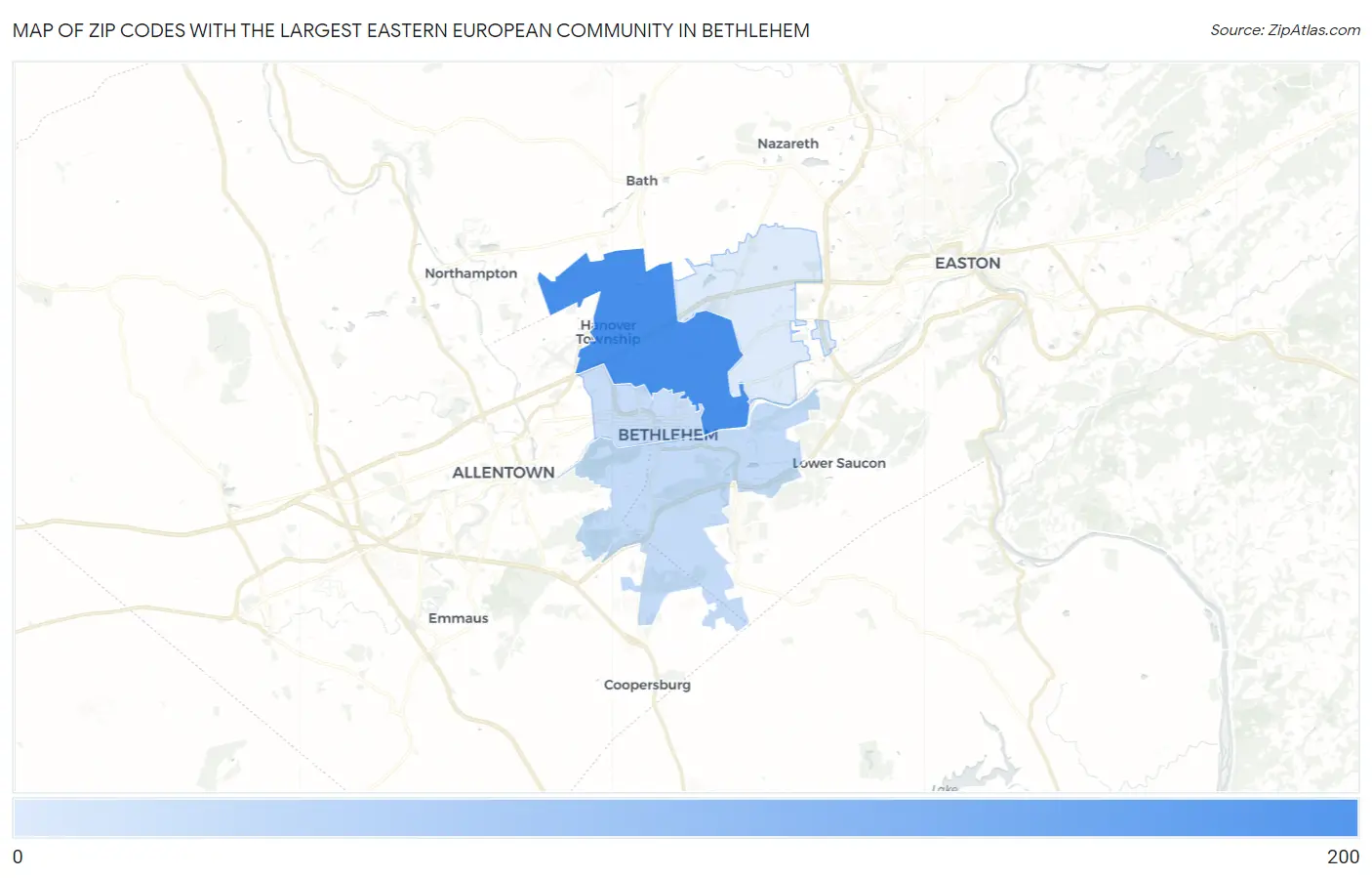 Zip Codes with the Largest Eastern European Community in Bethlehem Map