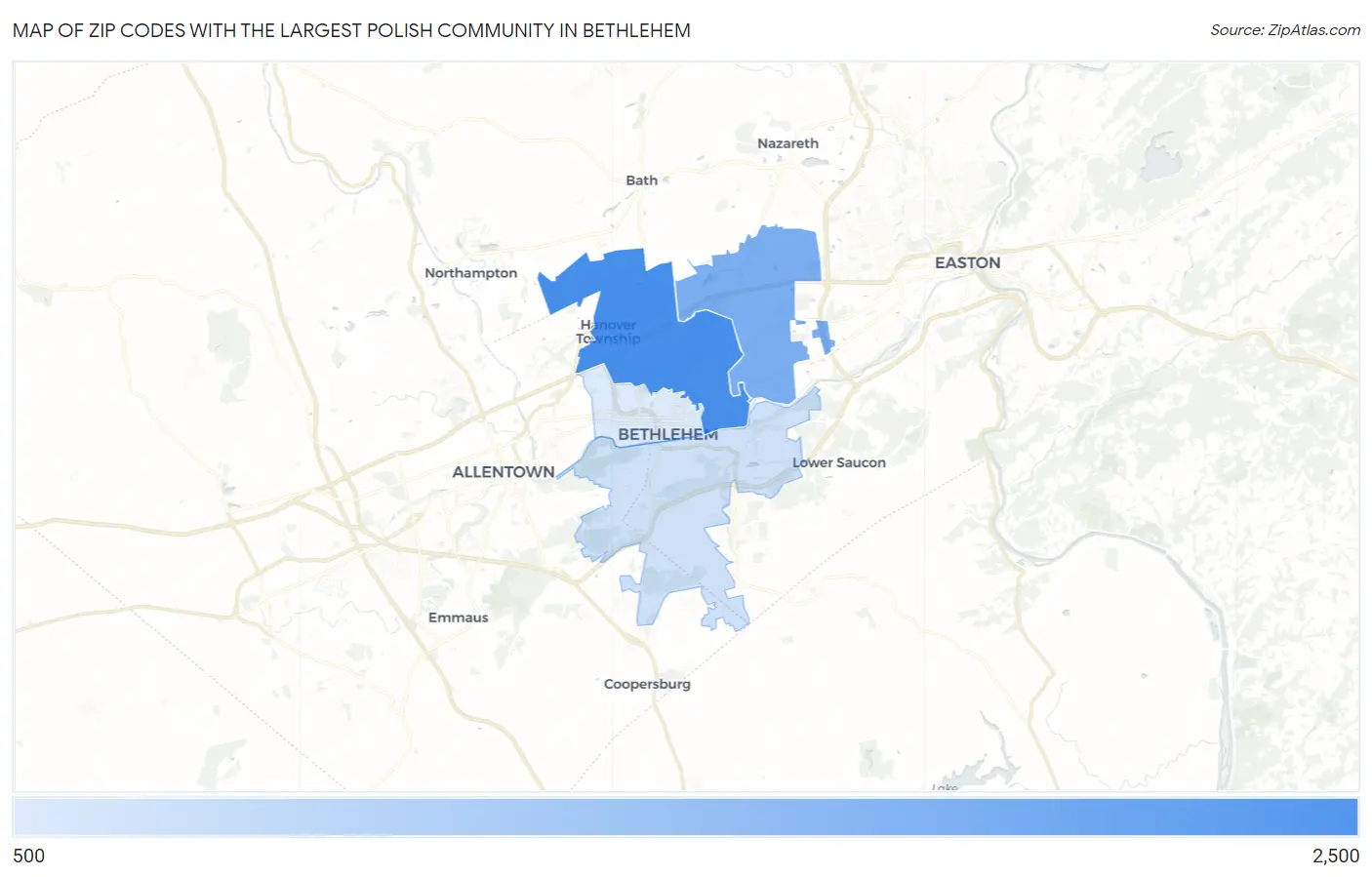 Zip Codes with the Largest Polish Community in Bethlehem Map