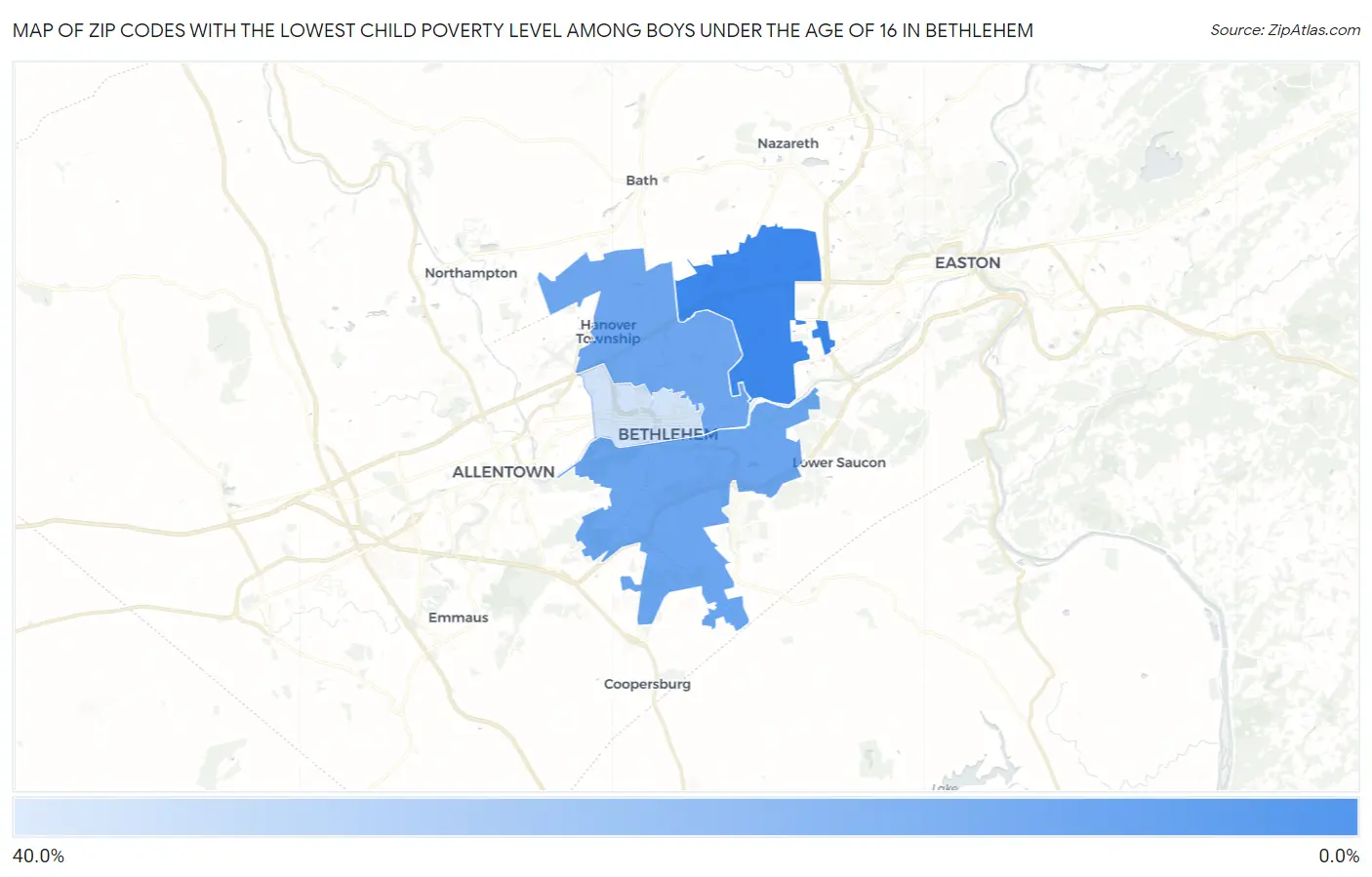 Zip Codes with the Lowest Child Poverty Level Among Boys Under the Age of 16 in Bethlehem Map