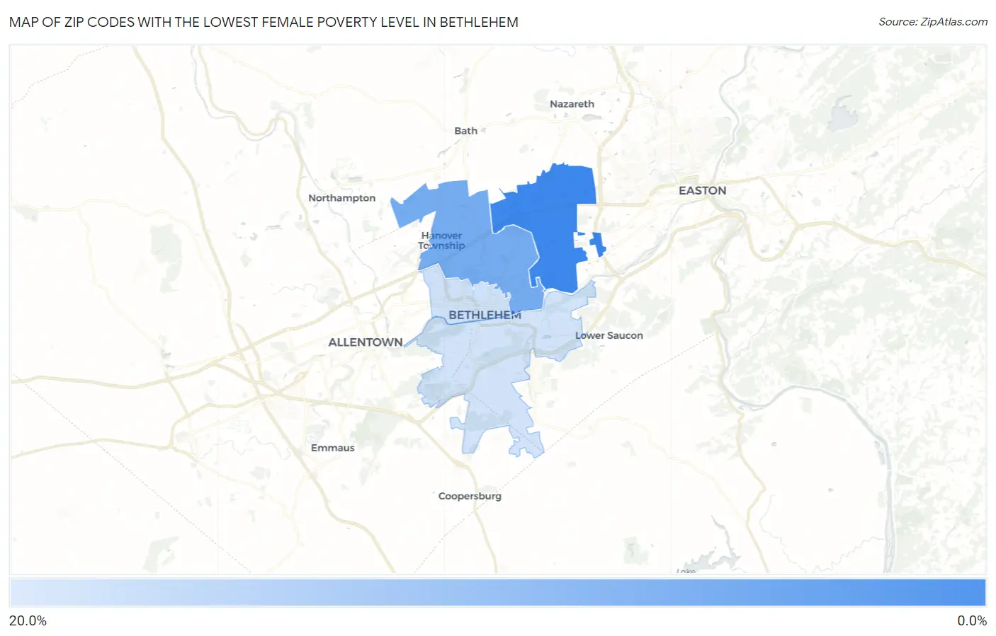 Zip Codes with the Lowest Female Poverty Level in Bethlehem Map