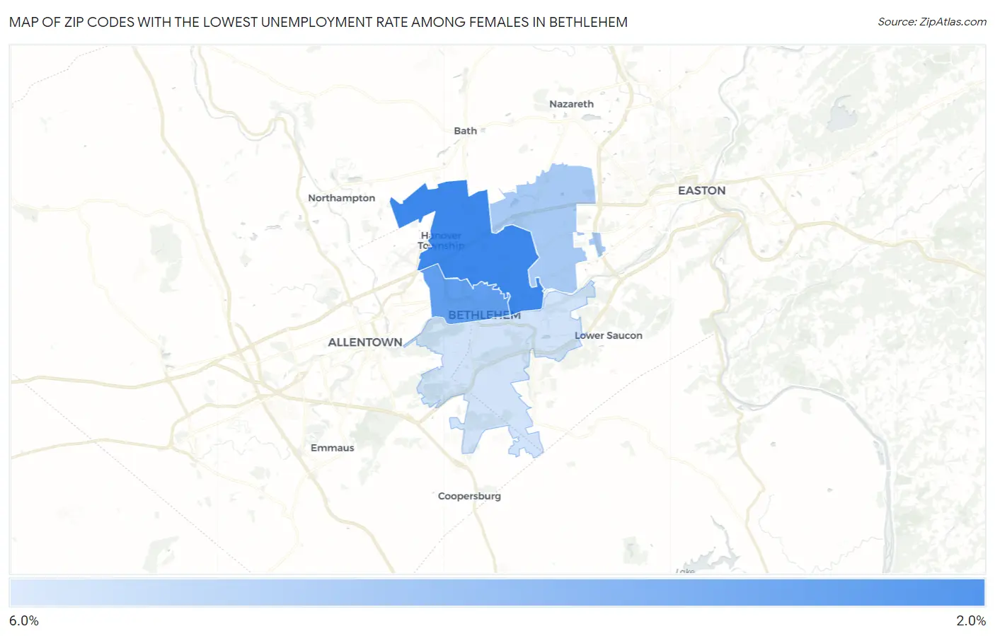Zip Codes with the Lowest Unemployment Rate Among Females in Bethlehem Map