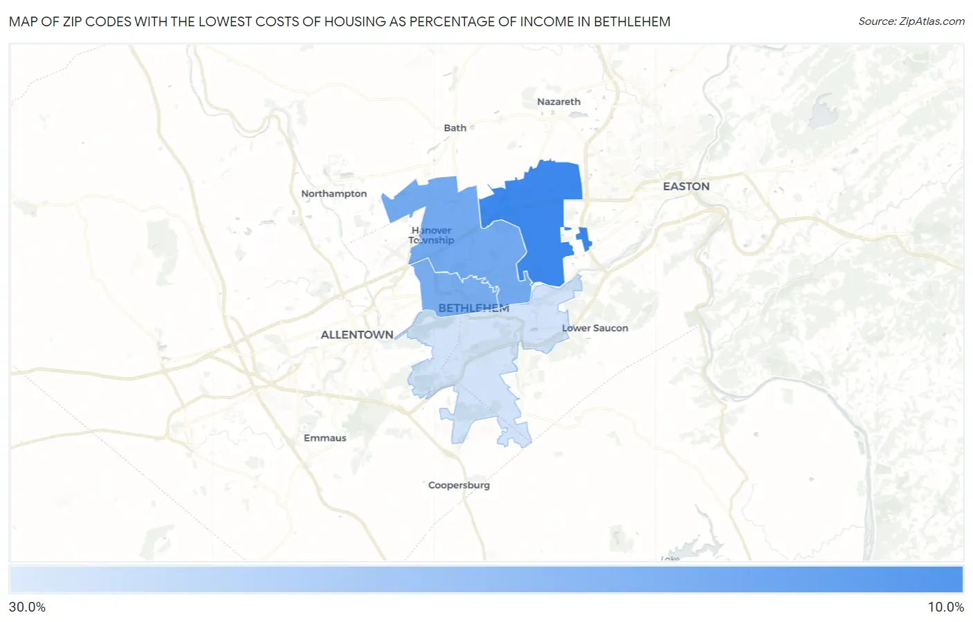 Zip Codes with the Lowest Costs of Housing as Percentage of Income in Bethlehem Map