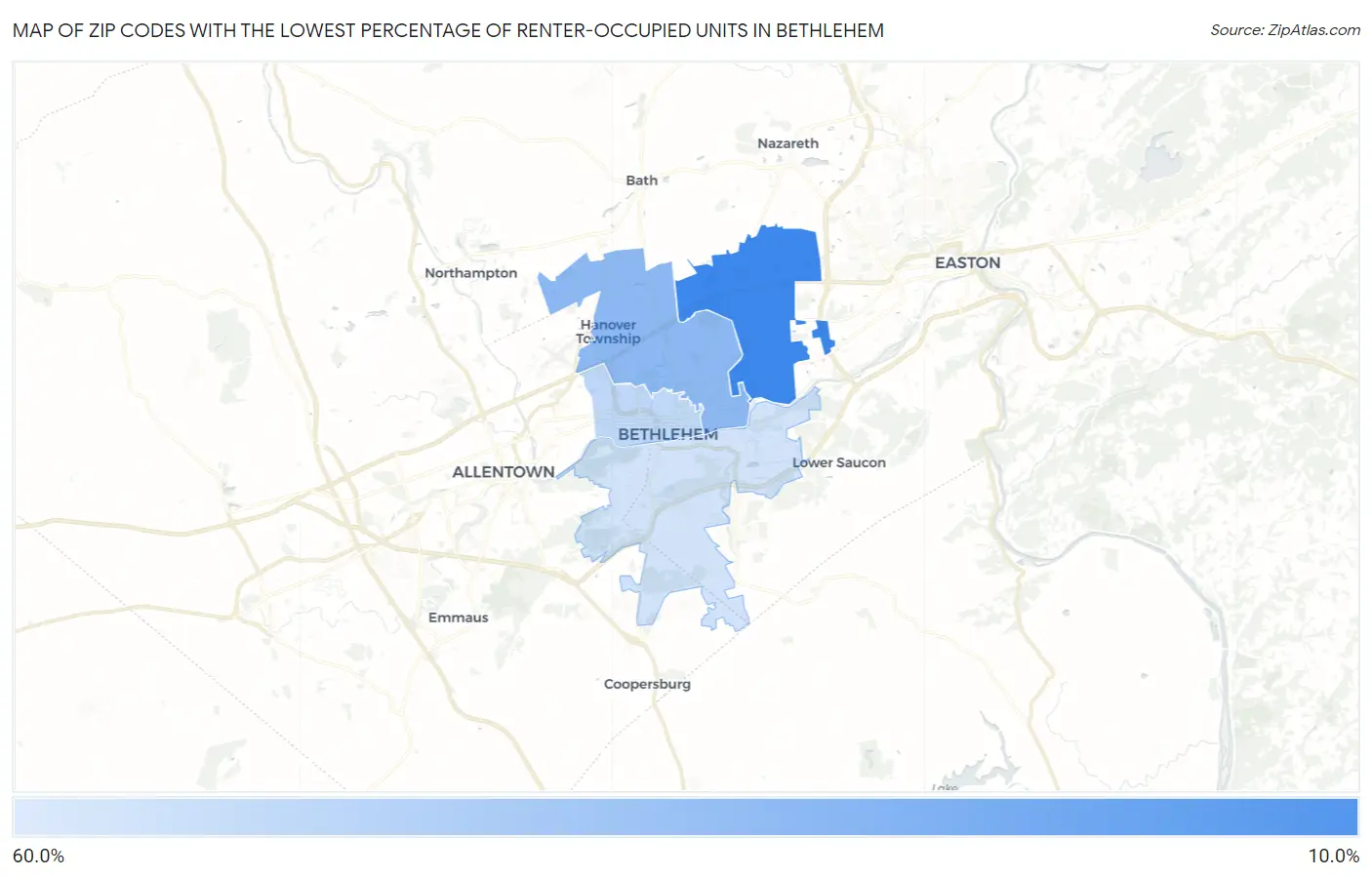 Zip Codes with the Lowest Percentage of Renter-Occupied Units in Bethlehem Map