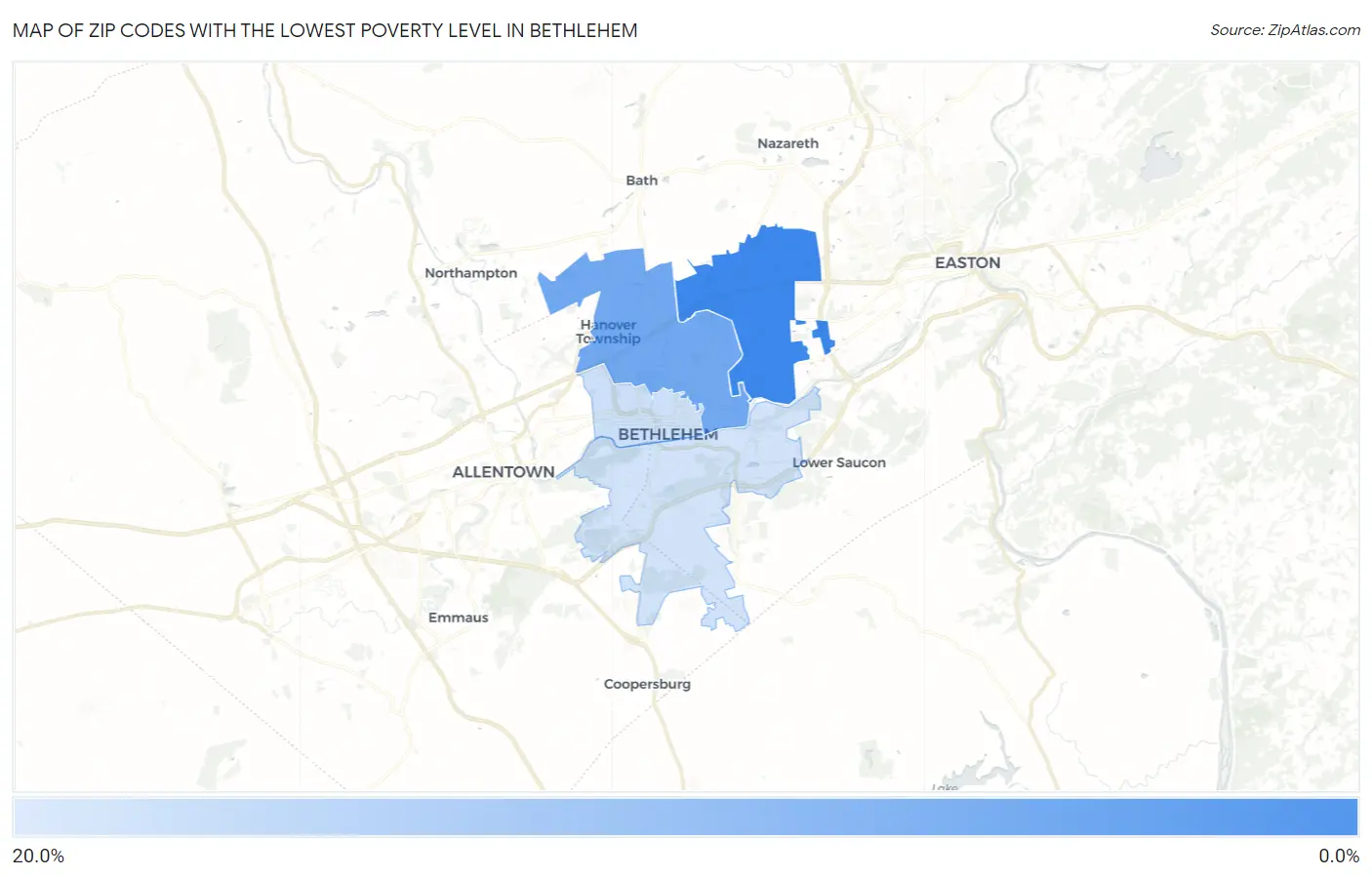 Zip Codes with the Lowest Poverty Level in Bethlehem Map