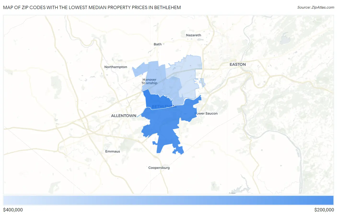 Zip Codes with the Lowest Median Property Prices in Bethlehem Map