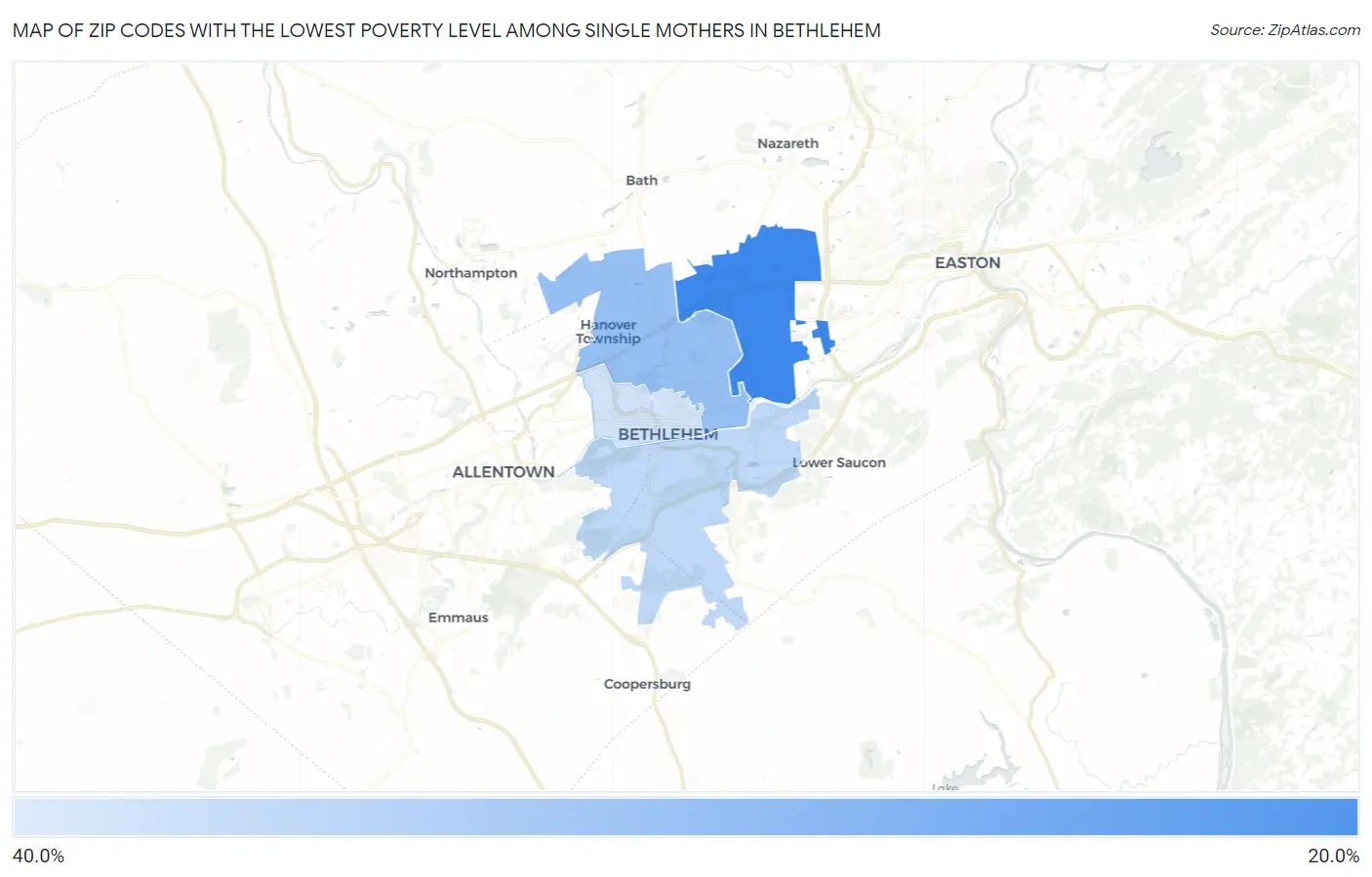 Zip Codes with the Lowest Poverty Level Among Single Mothers in Bethlehem Map