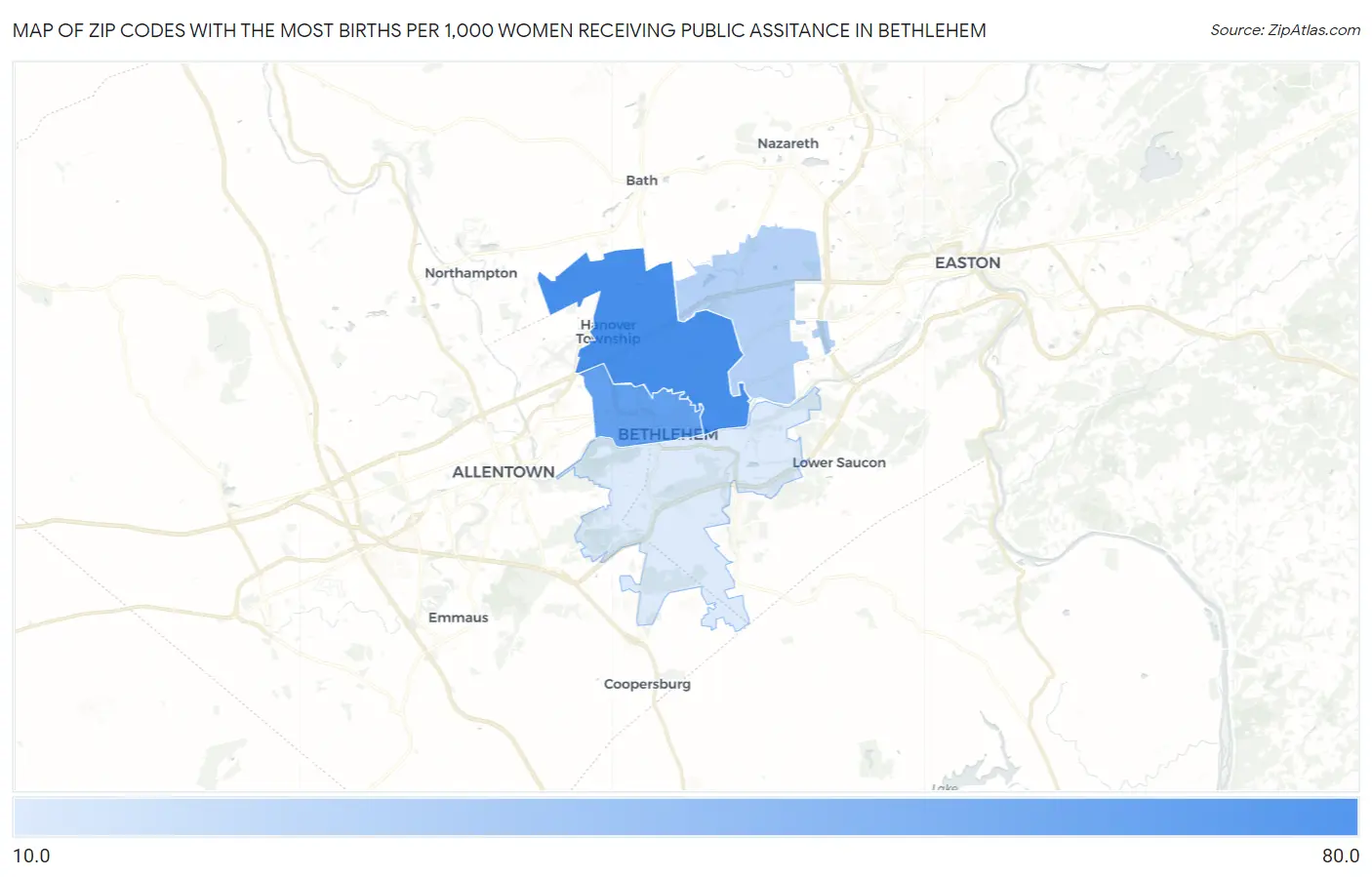 Zip Codes with the Most Births per 1,000 Women Receiving Public Assitance in Bethlehem Map