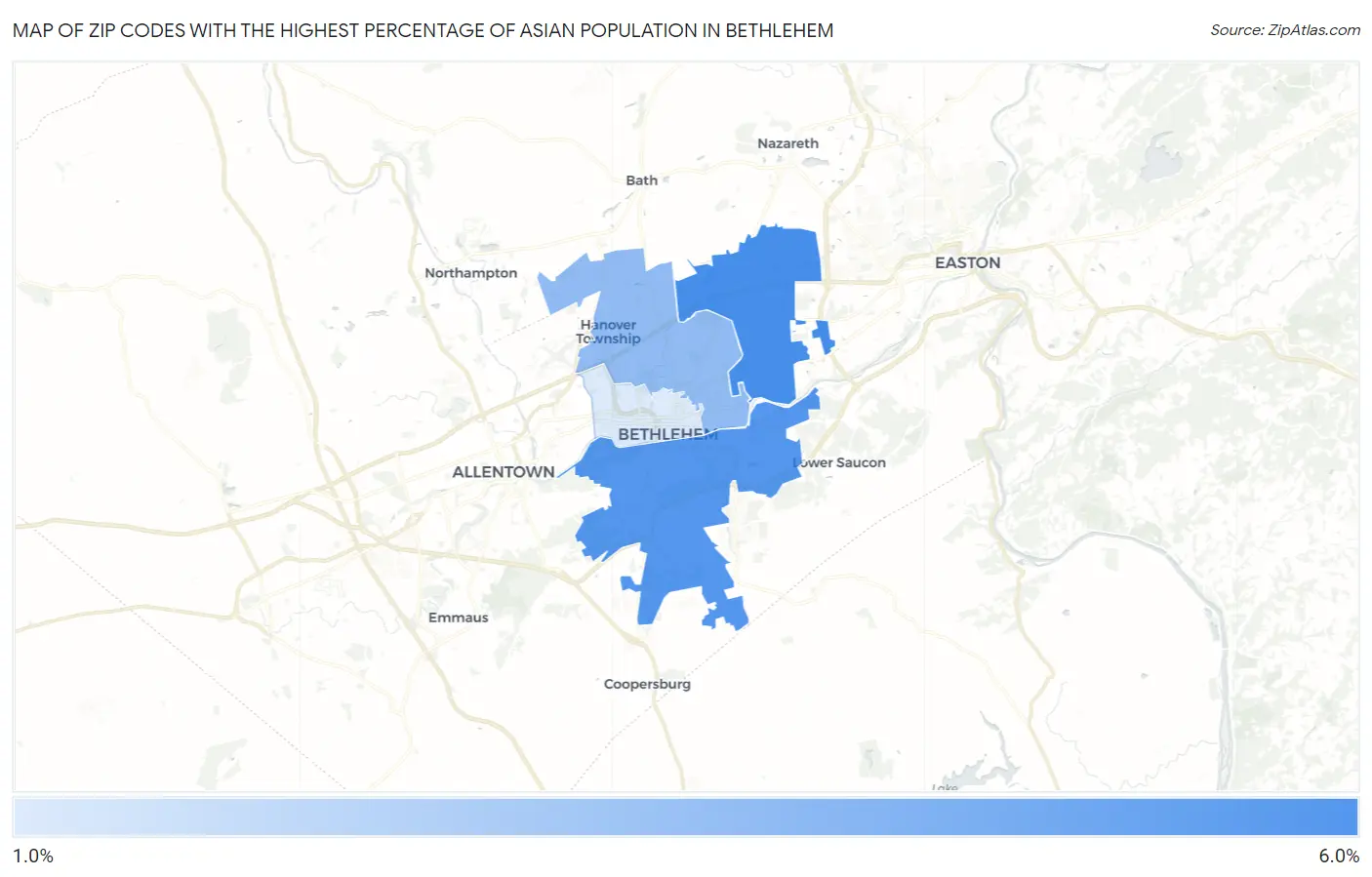 Zip Codes with the Highest Percentage of Asian Population in Bethlehem Map