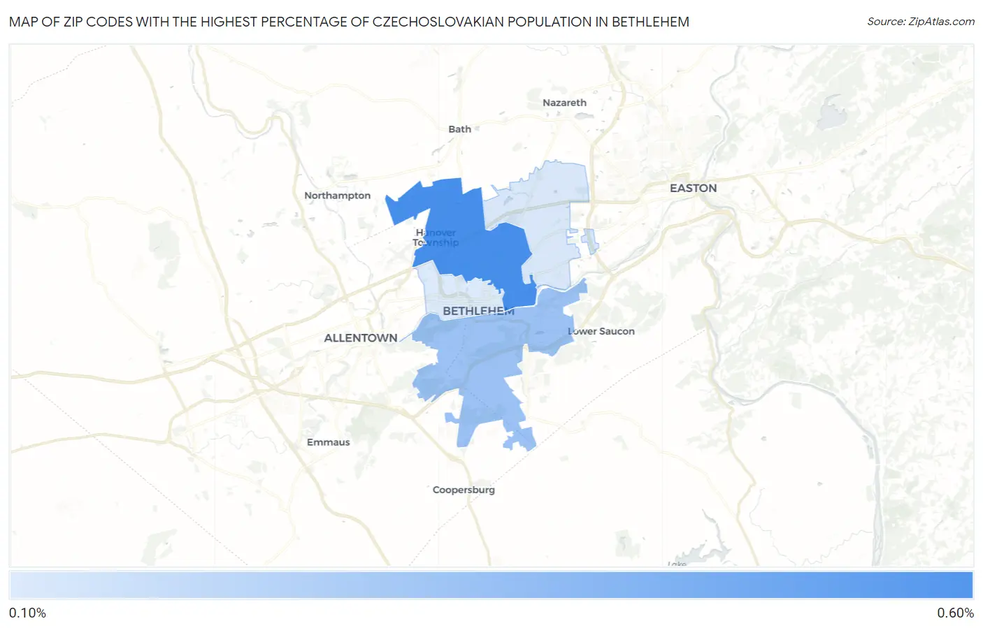 Zip Codes with the Highest Percentage of Czechoslovakian Population in Bethlehem Map