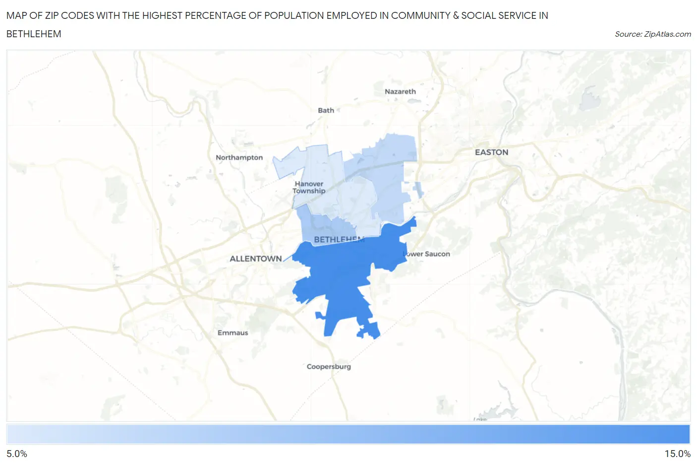 Zip Codes with the Highest Percentage of Population Employed in Community & Social Service  in Bethlehem Map