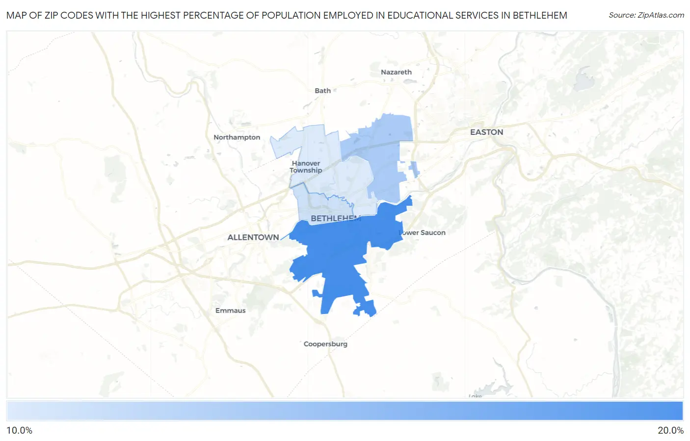 Zip Codes with the Highest Percentage of Population Employed in Educational Services in Bethlehem Map