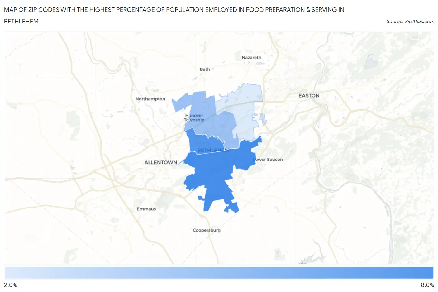 Zip Codes with the Highest Percentage of Population Employed in Food Preparation & Serving in Bethlehem Map