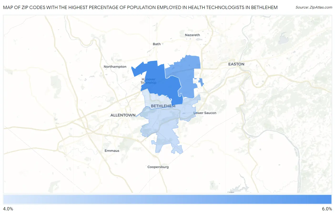 Zip Codes with the Highest Percentage of Population Employed in Health Technologists in Bethlehem Map