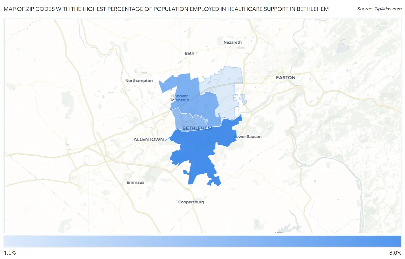 Zip Codes with the Highest Percentage of Population Employed in Healthcare Support in Bethlehem Map