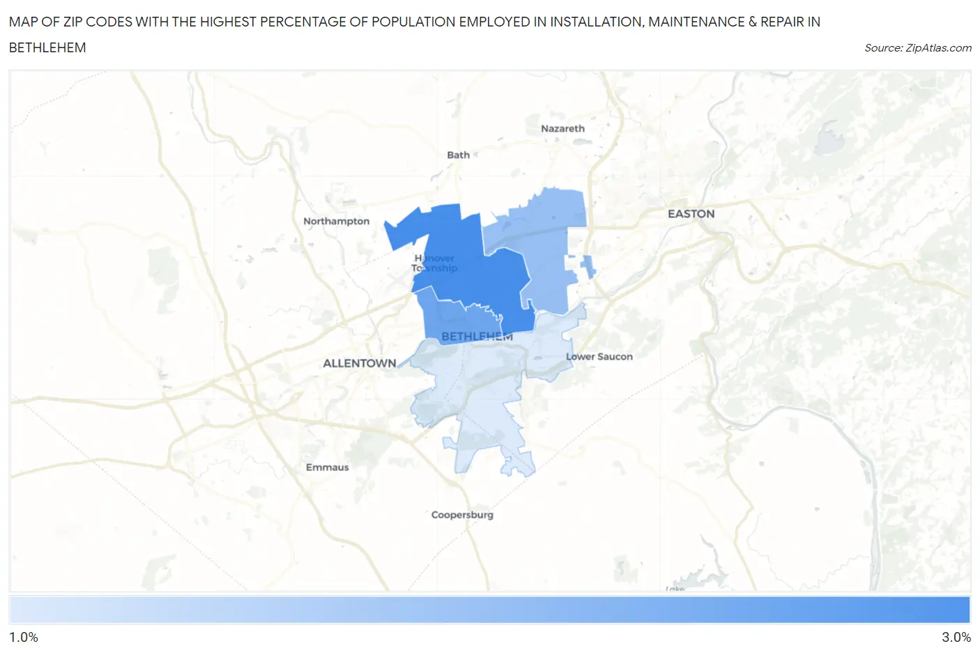 Zip Codes with the Highest Percentage of Population Employed in Installation, Maintenance & Repair in Bethlehem Map
