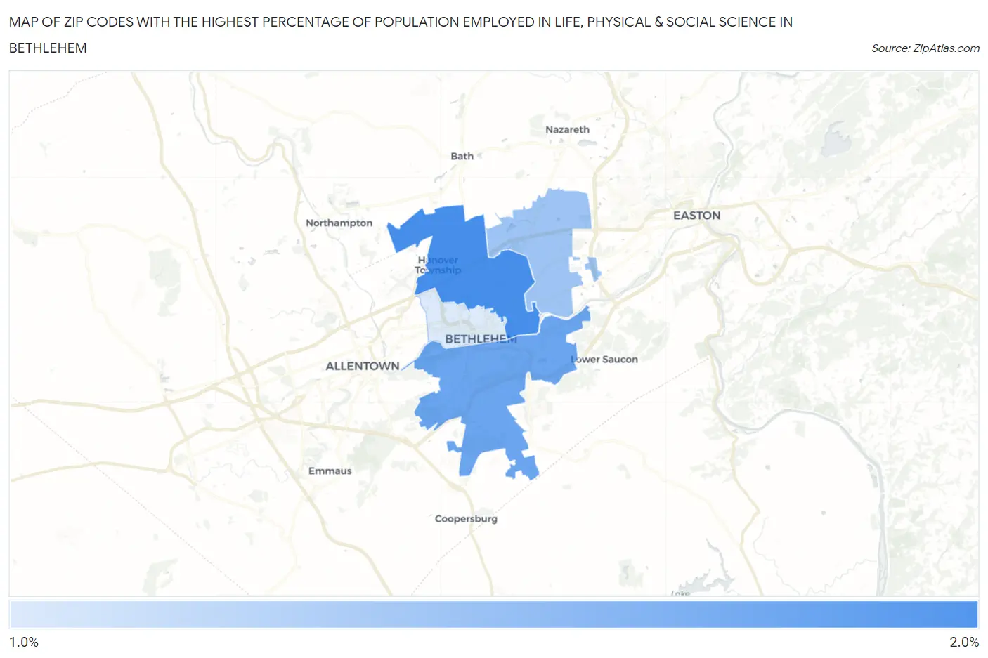 Zip Codes with the Highest Percentage of Population Employed in Life, Physical & Social Science in Bethlehem Map