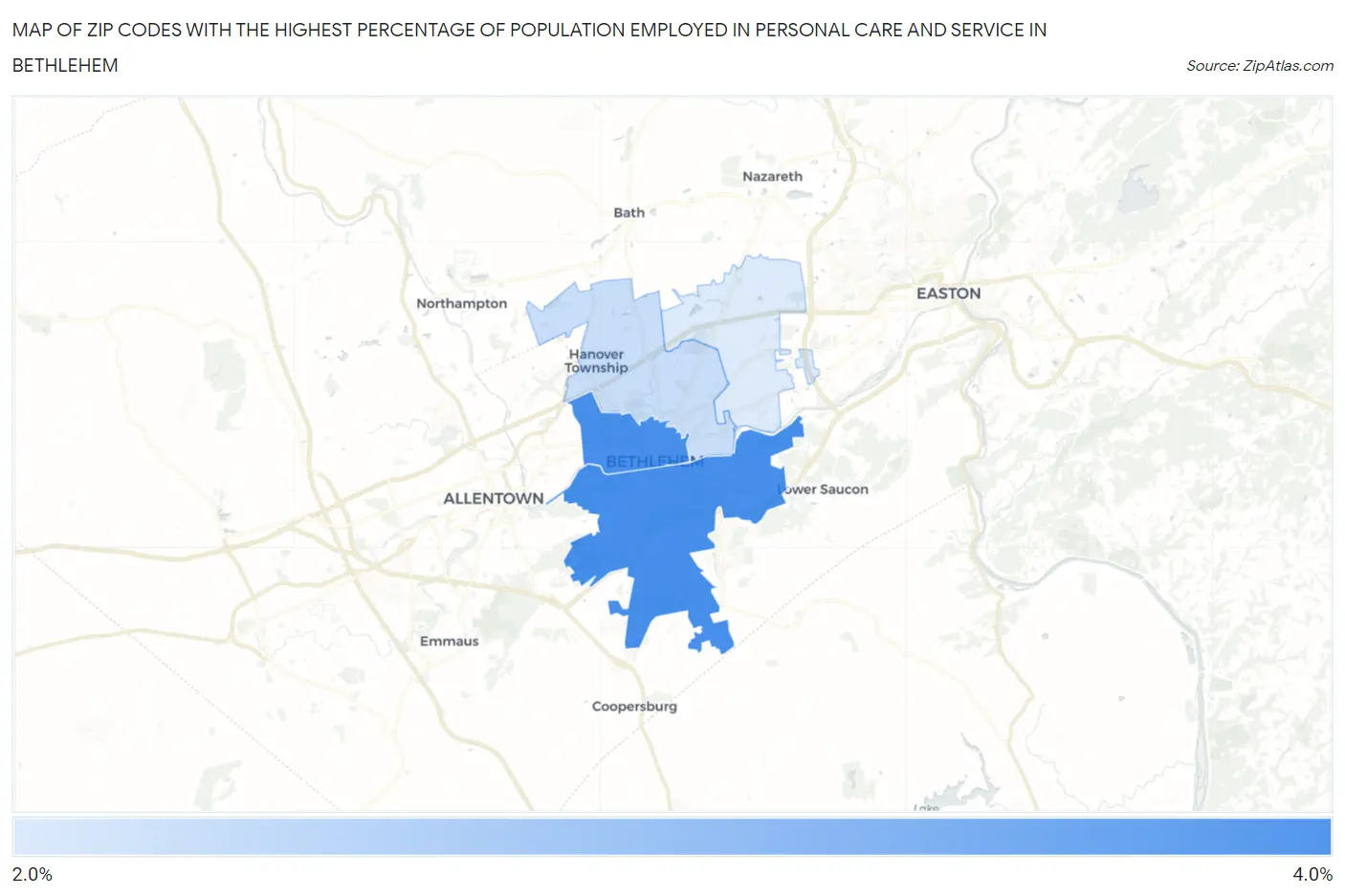 Zip Codes with the Highest Percentage of Population Employed in Personal Care and Service in Bethlehem Map