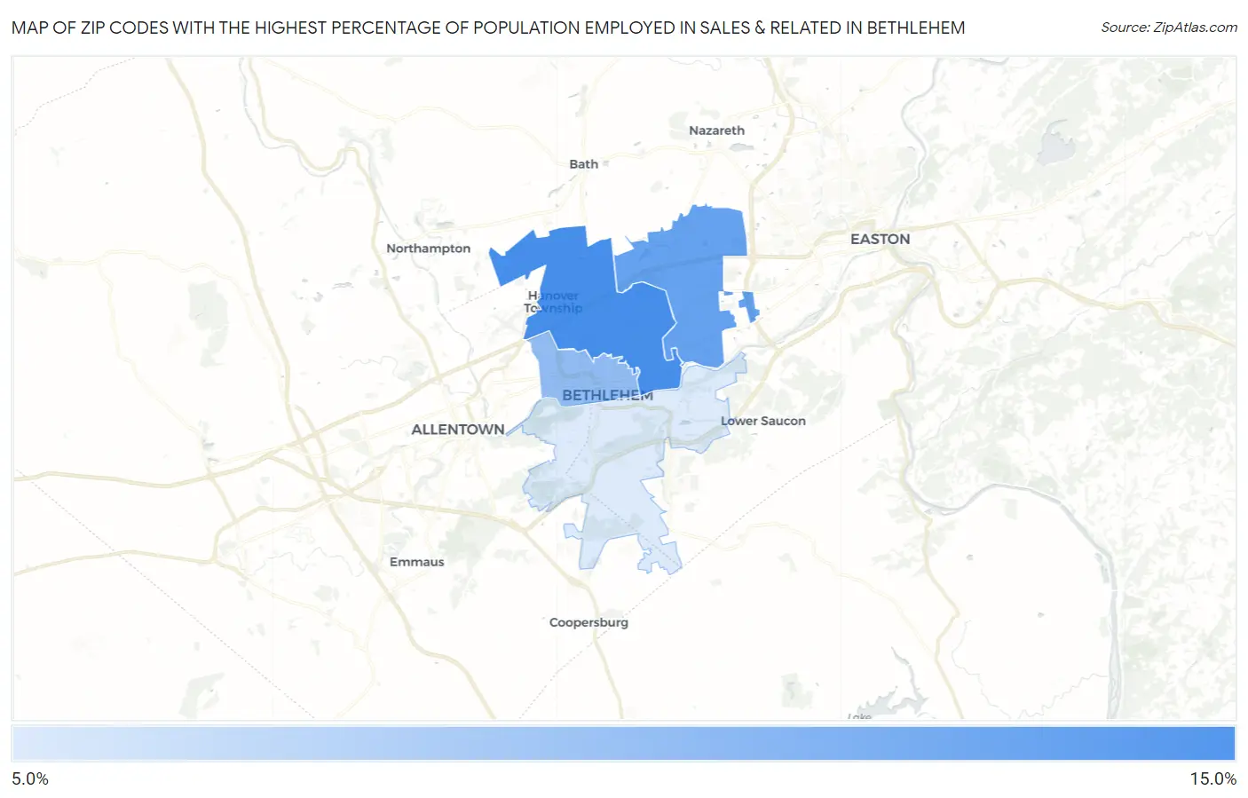 Zip Codes with the Highest Percentage of Population Employed in Sales & Related in Bethlehem Map